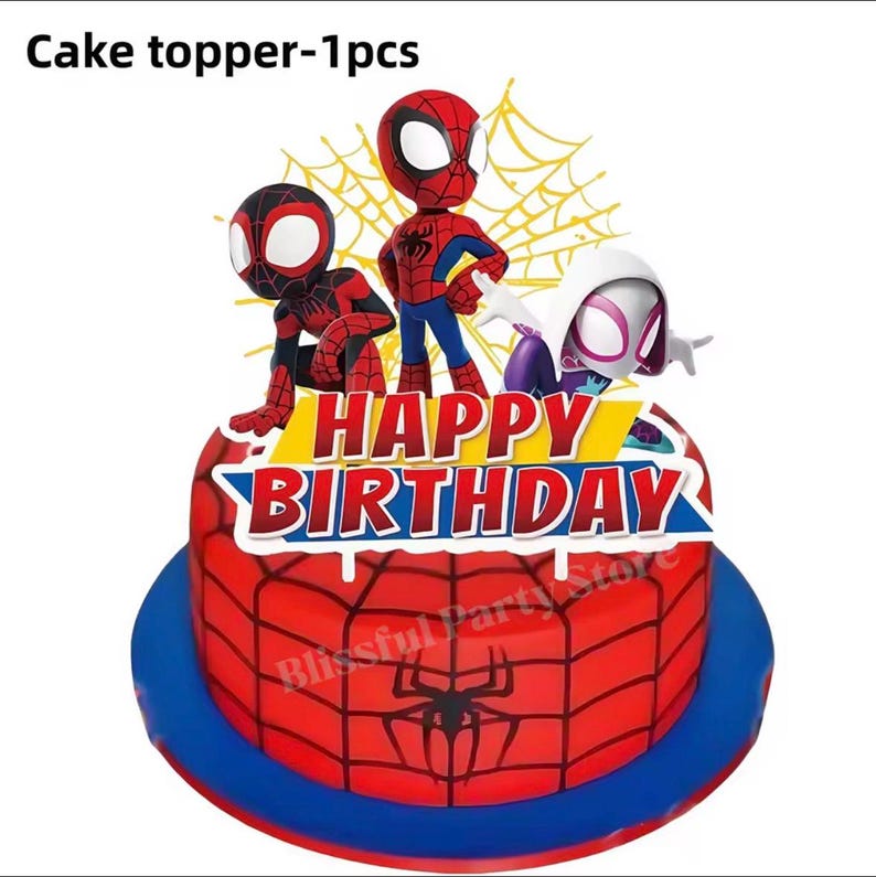 Spider-Man födelsedagsfestdekorationer set | Ballonger, banderoll, porslin, tårtdekoration och festtillbehör paket Large CakeTopper-1