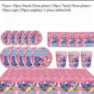 May include: A 51-piece party supply set featuring 10 9-inch plates, 10 7-inch plates, 10 cups, 20 napkins, and 1 tablecloth. All items are pink and decorated with illustrations of Stitch and Angel characters and the text Happy Birthday.