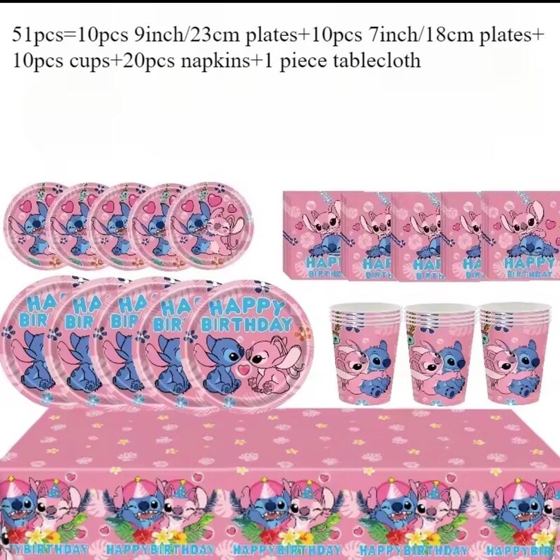 May include: A 51-piece party supply set featuring 10 9-inch plates, 10 7-inch plates, 10 cups, 20 napkins, and 1 tablecloth. All items are pink and decorated with illustrations of Stitch and Angel characters and the text Happy Birthday.