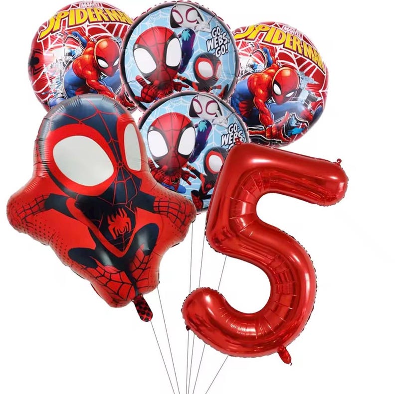 May include: A collection of foil balloons featuring Spider-Man characters, including two round balloons with Spider-Man graphics, two round balloons with the text Go Webs Go, one large Spider-Man shaped balloon, and one large red number five balloon.