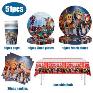 May include: A 51-piece party supply set featuring Roblox characters. Includes 10 paper cups, 10 seven-inch plates, 10 nine-inch plates, 20 napkins, and one rectangular tablecloth. All items display colorful character graphics and the Roblox logo.