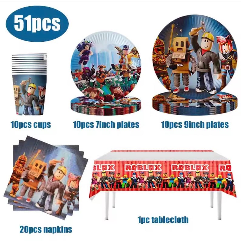 May include: A 51-piece party supply set featuring Roblox characters. Includes 10 paper cups, 10 seven-inch plates, 10 nine-inch plates, 20 napkins, and one rectangular tablecloth. All items display colorful character graphics and the Roblox logo.
