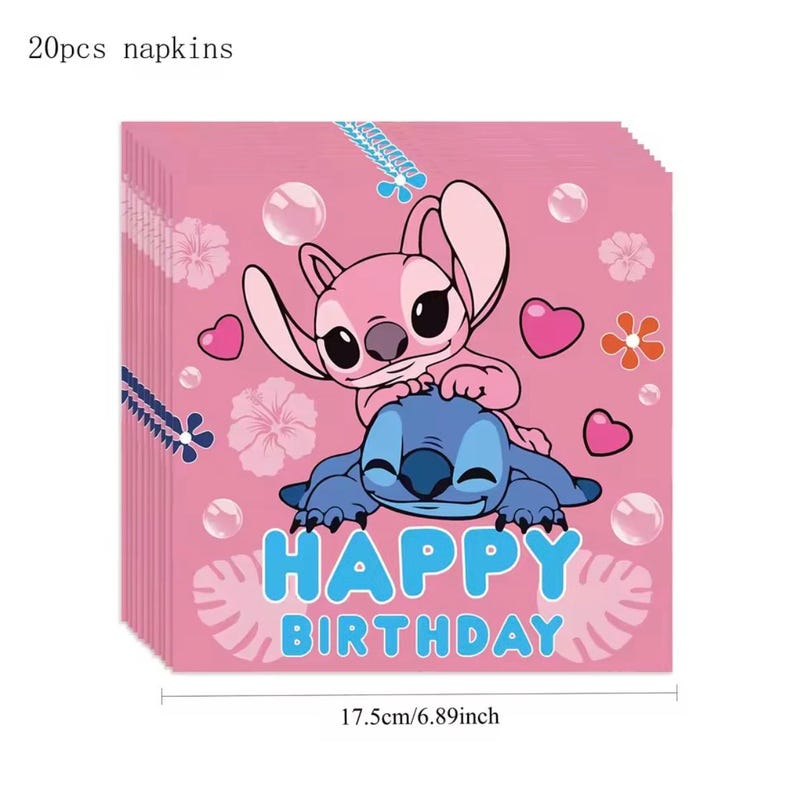 May include: A stack of 20 pink paper napkins measuring 6.89 inches. The design features a blue Stitch character with a pink Angel character on top, surrounded by hearts, bubbles, and hibiscus flowers, with the text HAPPY BIRTHDAY in blue.