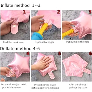 May include: Step-by-step instructions for inflating and deflating a pink star-shaped foil balloon. The image shows the process using a pump and straw, with numbered steps and text labels for each stage of inflation and deflation.
