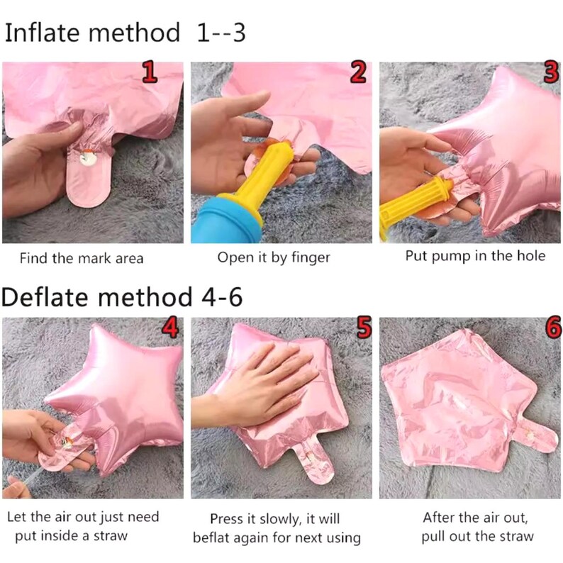 May include: Step-by-step instructions for inflating and deflating a pink star-shaped foil balloon. The image shows the process using a pump and straw, with numbered steps and text labels for each stage of inflation and deflation.