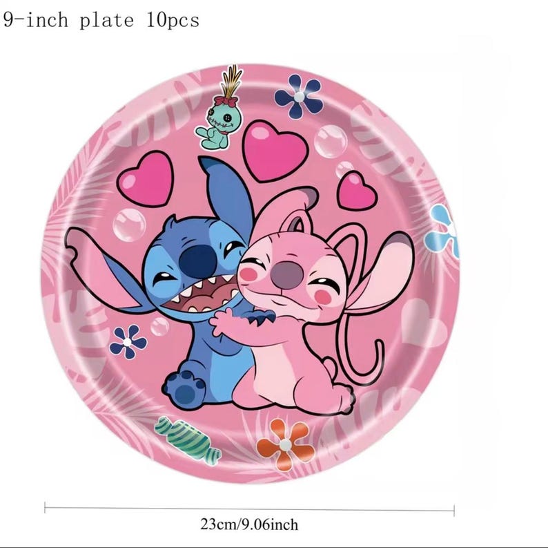 May include: A round 9-inch plate featuring a pink background with a graphic of Stitch and Angel hugging. The design includes pink hearts, a small doll, flowers, and candy icons. The text 9-inch plate 10pcs and 23cm/9.06inch is visible on the image.