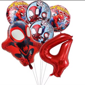 May include: A collection of foil balloons featuring two round Spider-Man balloons with red web patterns, two round balloons with Spider-Man and Ghost-Spider characters and the text Go Webs Go, a shaped Spider-Man balloon, and a large red number 4 balloon.