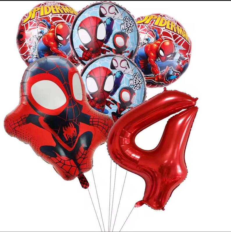 May include: A collection of foil balloons featuring two round Spider-Man balloons with red web patterns, two round balloons with Spider-Man and Ghost-Spider characters and the text Go Webs Go, a shaped Spider-Man balloon, and a large red number 4 balloon.