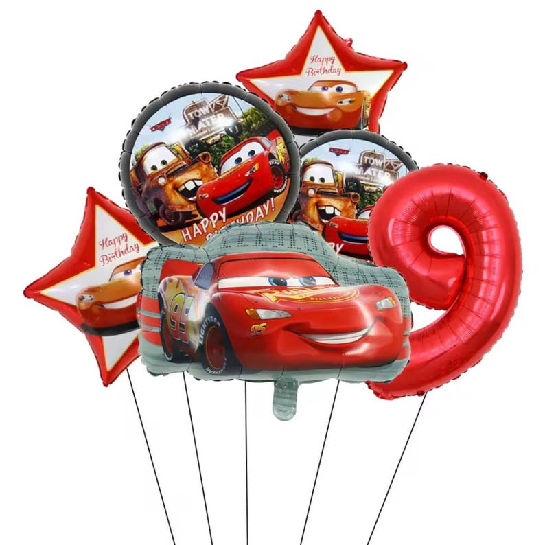 May include: A collection of colorful birthday balloons featuring characters from the movie Cars. The set includes a red number 9 balloon, star-shaped balloons with Lightning McQueen, and round balloons with Lightning McQueen and Mater. The balloons are designed for a birthday celebration.