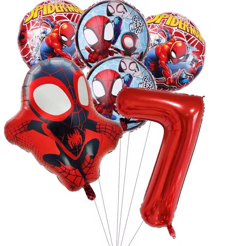 May include: A collection of foil balloons featuring two round Spider-Man designs with red and blue colors, two smaller round balloons with the text Go Webs Go, a large Spider-Man shaped balloon, and a large metallic red number seven balloon.