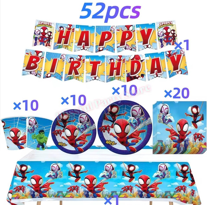 Spider-Man födelsedagsfestdekorationer set | Ballonger, banderoll, porslin, tårtdekoration och festtillbehör paket BUNDLE/52pcs