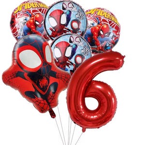 May include: A collection of foil balloons featuring Spider-Man imagery, including two round balloons with the text Spider-Man, two round balloons with the text Go Webs Go, one shaped Spider-Man character balloon, and one large red number six balloon.