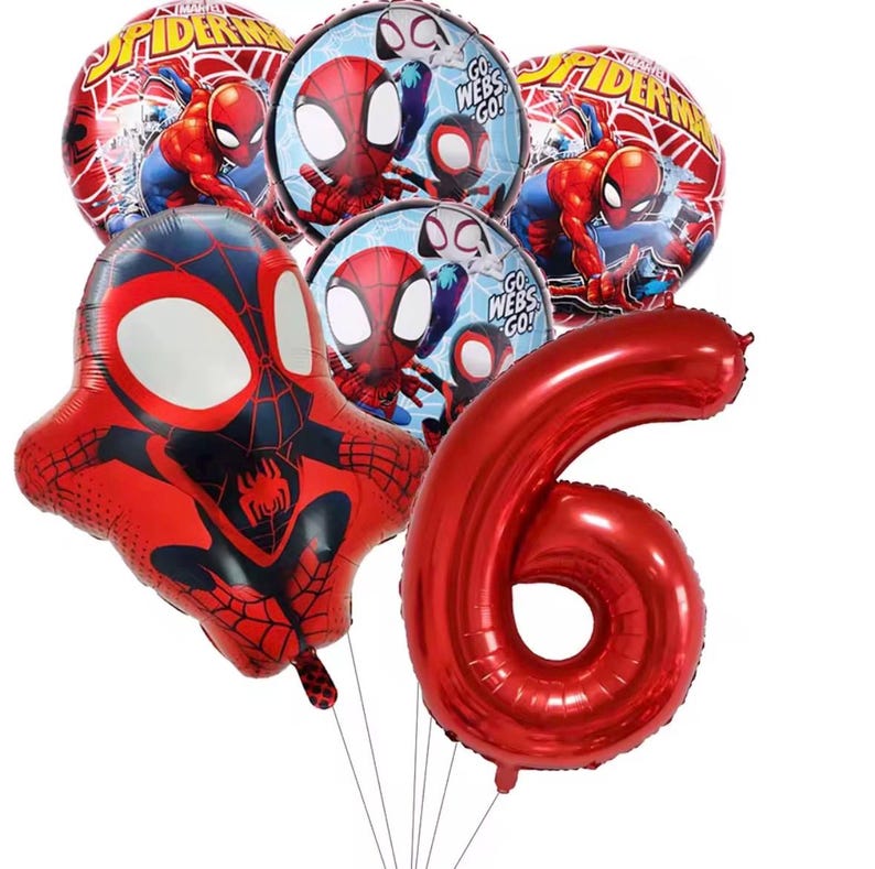 May include: A collection of foil balloons featuring Spider-Man imagery, including two round balloons with the text Spider-Man, two round balloons with the text Go Webs Go, one shaped Spider-Man character balloon, and one large red number six balloon.
