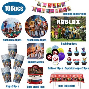 Roblox Birthday Party Decorations Set with Balloons, Banner, Plates, Cups, Table Cover & Cake Toppers for Kids BUNDLE/106pcs