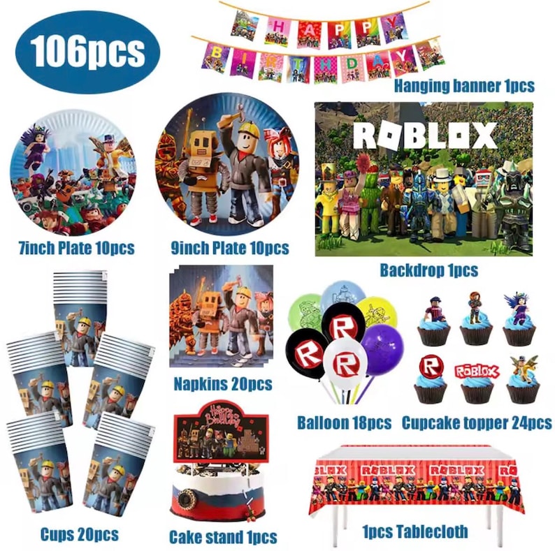 Roblox Birthday Party Decorations Set with Balloons, Banner, Plates, Cups, Table Cover & Cake Toppers for Kids BUNDLE/106pcs