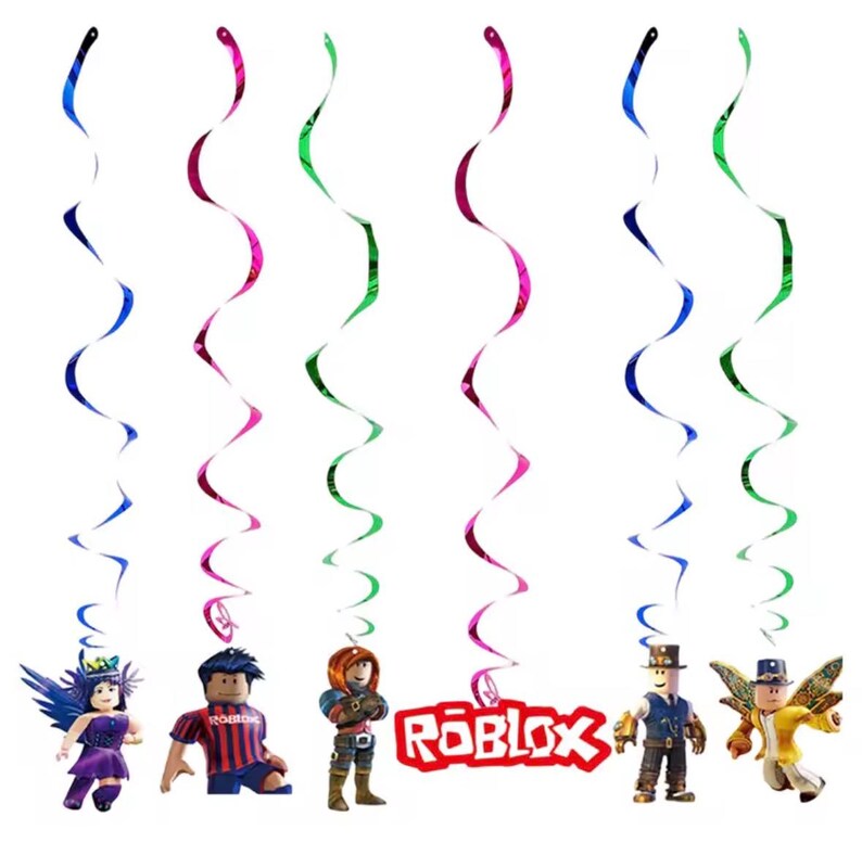 May include: A set of six hanging party decorations featuring metallic spiral streamers in blue, pink, and green. Each streamer is attached to a character cutout or a red Roblox logo. The characters include figures in various outfits and accessories.