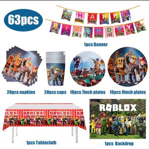 May include: A 63-piece party supply set featuring Roblox-themed items: one Happy Birthday banner, 20 napkins, 20 cups, 10 seven-inch plates, 10 nine-inch plates, one tablecloth with red borders and Roblox text, and one rectangular Roblox backdrop.