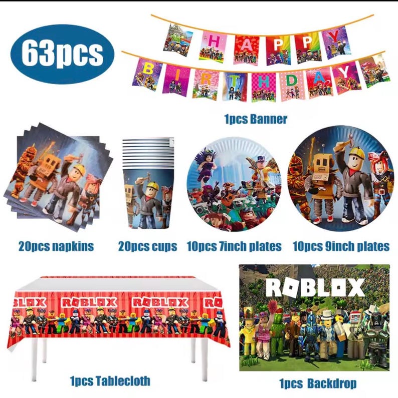 May include: A 63-piece party supply set featuring Roblox-themed items: one Happy Birthday banner, 20 napkins, 20 cups, 10 seven-inch plates, 10 nine-inch plates, one tablecloth with red borders and Roblox text, and one rectangular Roblox backdrop.