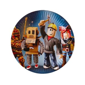 May include: A round paper plate featuring a colorful graphic of four distinct characters. From left to right, a red and gold armored figure, a cardboard box robot, a character in a yellow hard hat holding a hammer, and a pirate-themed figure.