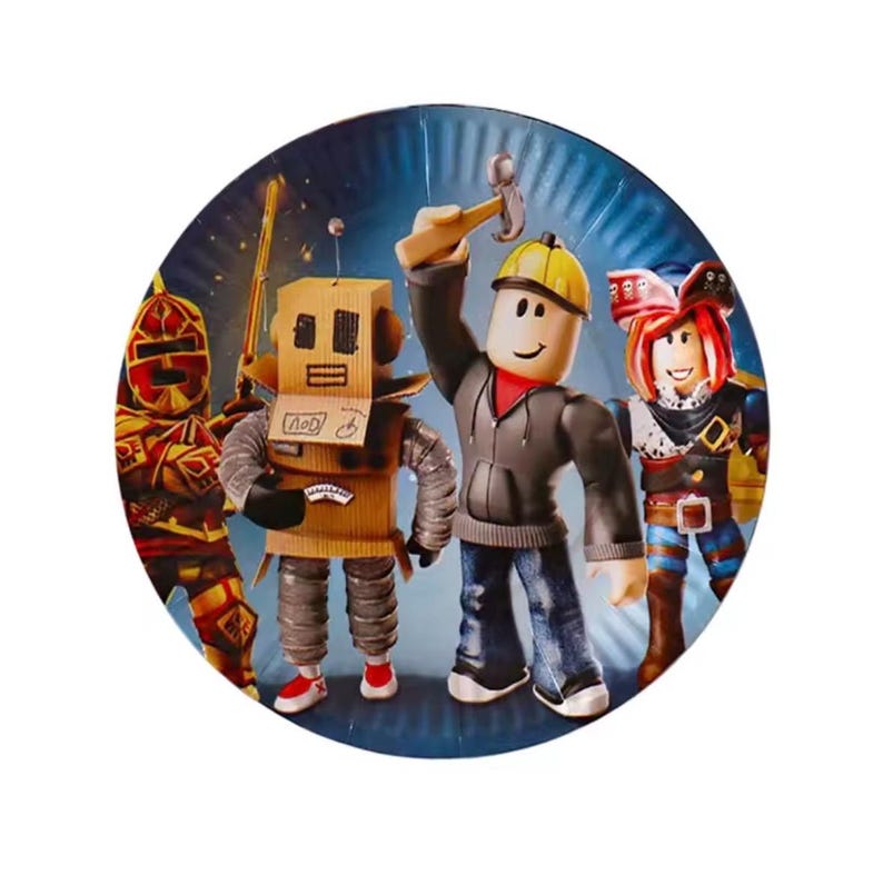 May include: A round paper plate featuring a colorful graphic of four distinct characters. From left to right, a red and gold armored figure, a cardboard box robot, a character in a yellow hard hat holding a hammer, and a pirate-themed figure.