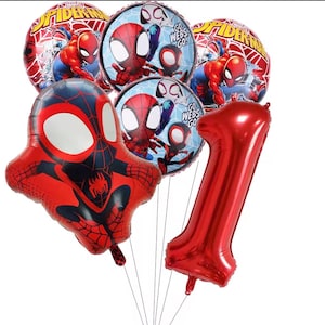 May include: A set of six foil balloons featuring Spider-Man imagery. Includes two round balloons with Spider-Man graphics, two round balloons with the text Go Webs Go, one large shaped Spider-Man balloon, and one large red foil balloon shaped like the number one.