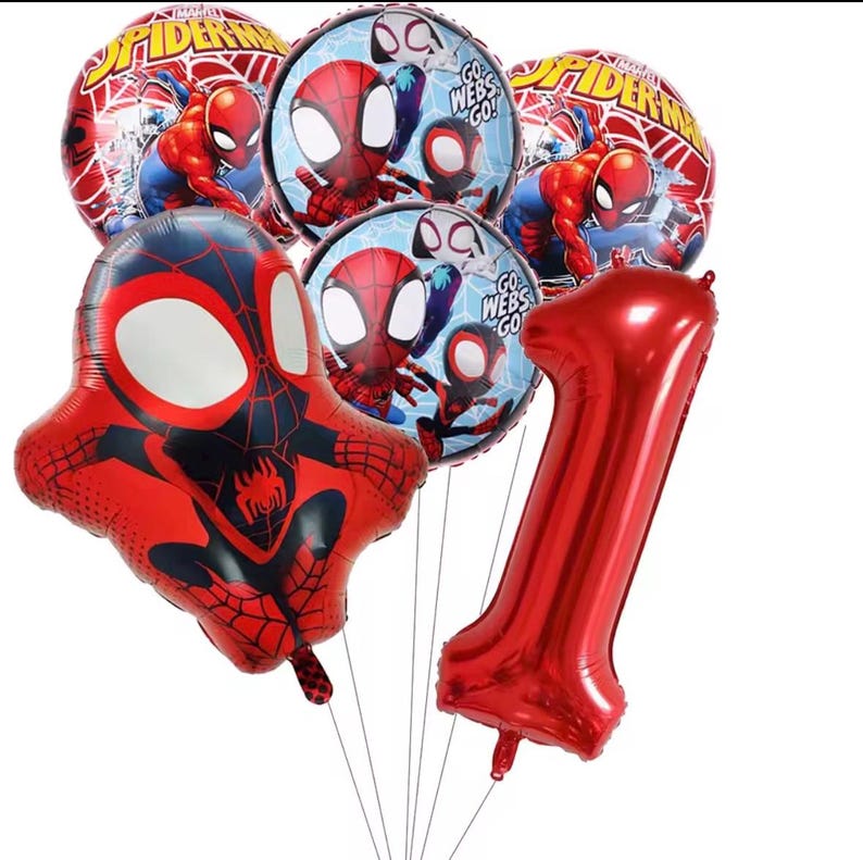 May include: A set of six foil balloons featuring Spider-Man imagery. Includes two round balloons with Spider-Man graphics, two round balloons with the text Go Webs Go, one large shaped Spider-Man balloon, and one large red foil balloon shaped like the number one.