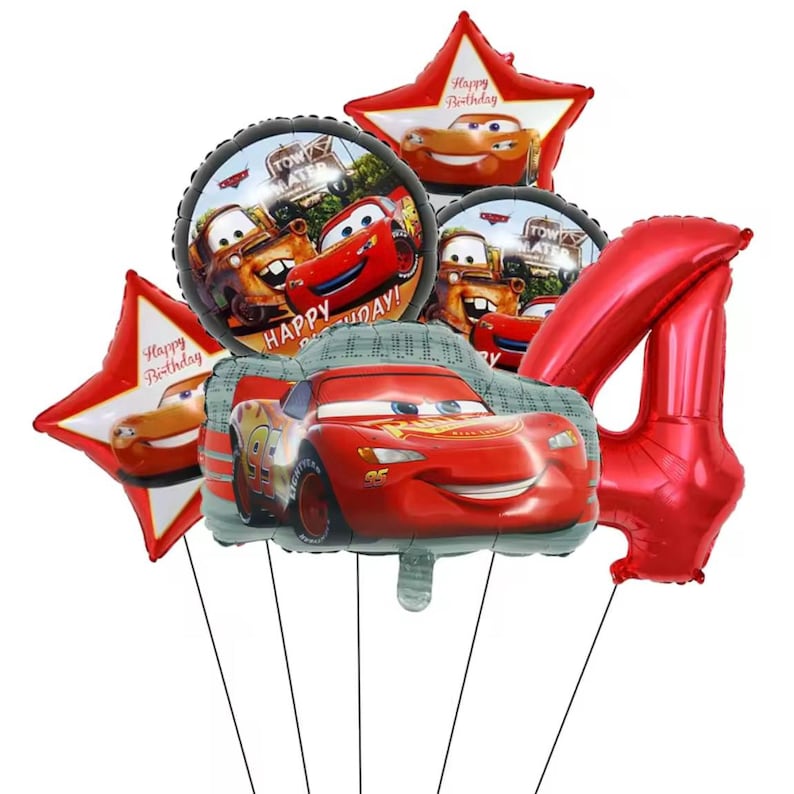 May include: A collection of red and themed balloons. Includes a red number 4 balloon, star-shaped balloons with the text "Happy Birthday", and round balloons featuring Lightning McQueen and Tow Mater. A car-shaped balloon is also included.