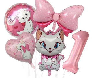 Marie Cat Birthday Balloon Bouquet Set – Pink Princess Kitten Foil Balloons with Number Balloon, Bow Balloon & Aristocats Party Decorations
