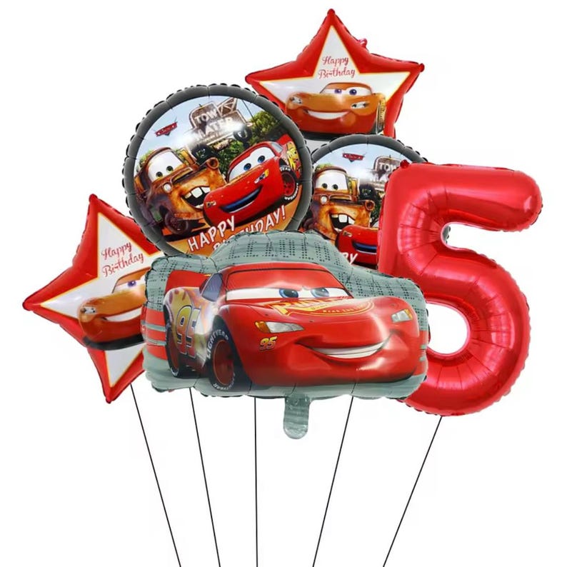 May include: A collection of red foil balloons featuring characters from the movie Cars. The set includes a number 5 balloon, star-shaped balloons with "Happy Birthday" text, and round balloons with Lightning McQueen and Mater. Perfect for a birthday party.