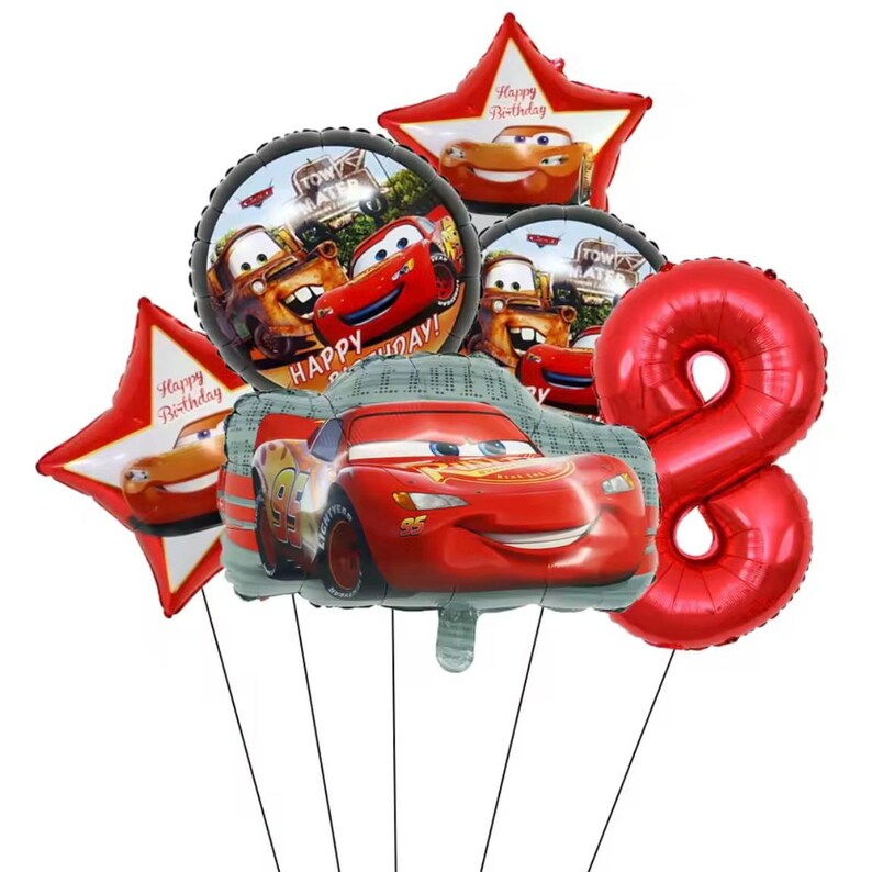 May include: A collection of colorful foil balloons featuring characters from the movie Cars. Includes a red number 8 balloon, star-shaped balloons with Lightning McQueen, and round balloons with Mater and Lightning McQueen. The balloons are for a birthday celebration.