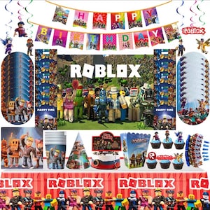 May include: A Roblox-themed party supply set including a Happy Birthday banner, hanging swirls, paper plates, cups, napkins, a tablecloth, a cake topper, cupcake toppers, and a popcorn box, all featuring various blocky character graphics.