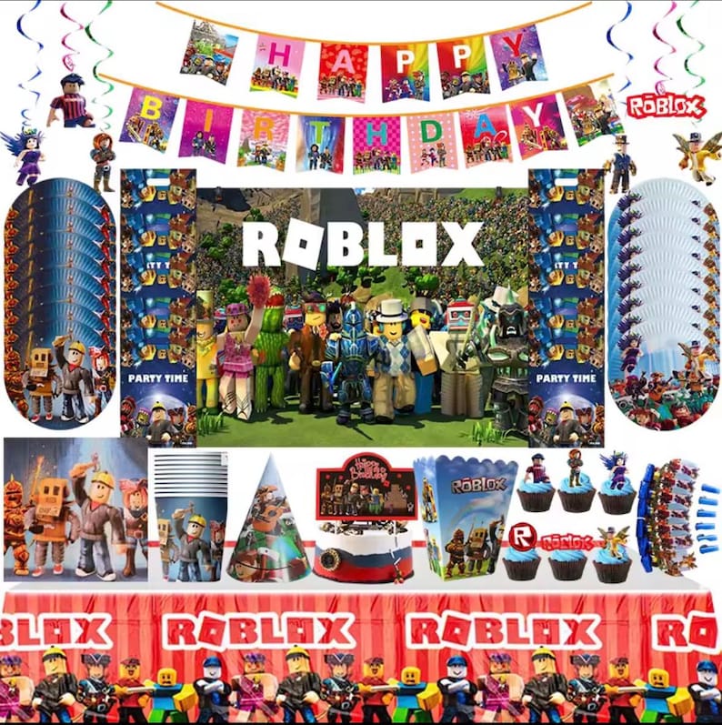 May include: A Roblox-themed party supply set including a Happy Birthday banner, hanging swirls, paper plates, cups, napkins, a tablecloth, a cake topper, cupcake toppers, and a popcorn box, all featuring various blocky character graphics.