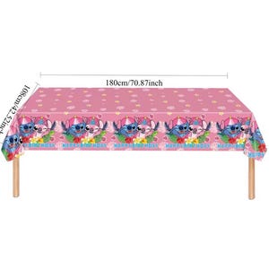 May include: A pink rectangular tablecloth featuring a repeating pattern of Stitch characters wearing party hats, tropical flowers, and the text HAPPY BIRTHDAY. The tablecloth measures 180cm by 108cm, or 70.87 inches by 42.52 inches.