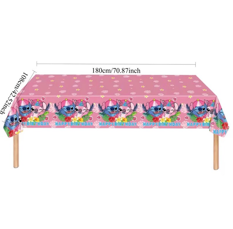 May include: A pink rectangular tablecloth featuring a repeating pattern of Stitch characters wearing party hats, tropical flowers, and the text HAPPY BIRTHDAY. The tablecloth measures 180cm by 108cm, or 70.87 inches by 42.52 inches.