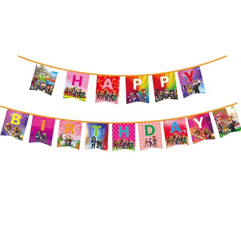 Roblox Birthday Party Decorations Set with Balloons, Banner, Plates, Cups, Table Cover & Cake Toppers for Kids Flag Banner/15pcs