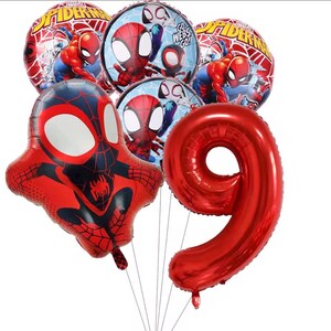 May include: A collection of foil balloons featuring Marvel Spider-Man graphics, including two round balloons with the text Spider-Man, two round balloons with the text Go Webs Go, a shaped Spider-Man character balloon, and a large red number nine balloon.