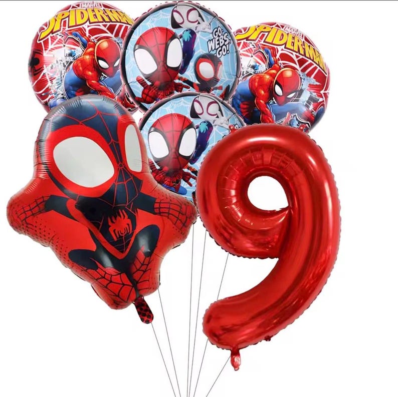 May include: A collection of foil balloons featuring Marvel Spider-Man graphics, including two round balloons with the text Spider-Man, two round balloons with the text Go Webs Go, a shaped Spider-Man character balloon, and a large red number nine balloon.