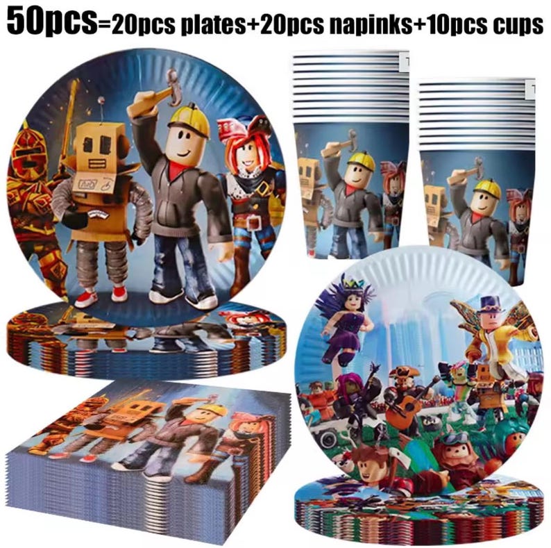 May include: A 50-piece party supply set including 20 plates, 20 napkins, and 10 cups. The items feature colorful graphic prints of various block-style characters in action poses. The text 50pcs=20pcs plates+20pcs napinks+10pcs cups is visible.