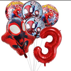 May include: A set of foil balloons featuring two round Spider-Man designs, two round balloons with the text Go Webs Go, one large Spider-Man character-shaped balloon, and one large metallic red number three balloon, all attached to thin white strings.