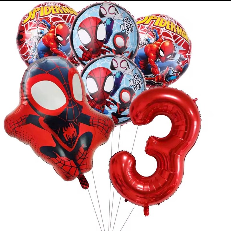 May include: A set of foil balloons featuring two round Spider-Man designs, two round balloons with the text Go Webs Go, one large Spider-Man character-shaped balloon, and one large metallic red number three balloon, all attached to thin white strings.