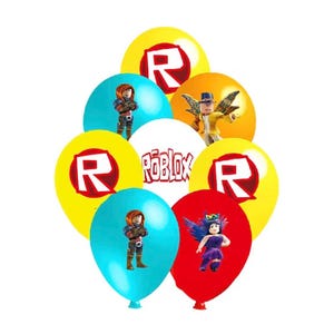 May include: A collection of colorful balloons featuring the Roblox logo in red and white, along with various character illustrations. The balloons are yellow, orange, blue, white, and red, each displaying distinct game-themed graphics.