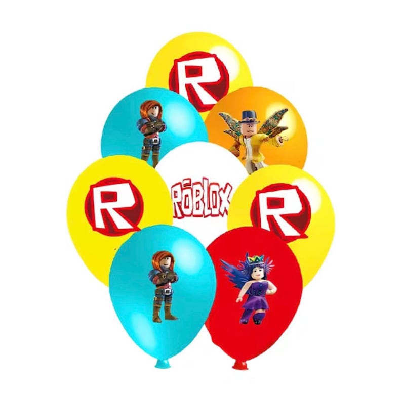 May include: A collection of colorful balloons featuring the Roblox logo in red and white, along with various character illustrations. The balloons are yellow, orange, blue, white, and red, each displaying distinct game-themed graphics.