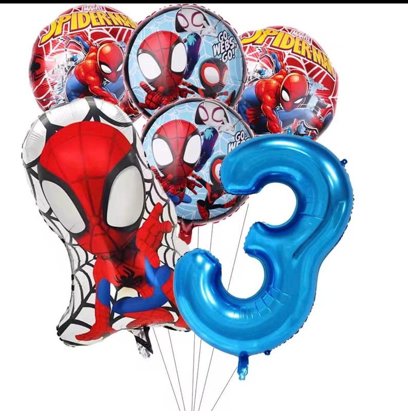 Op de afbeelding: Een set folieballonnen met Spider-Man-afbeeldingen, waaronder twee ronde ballonnen met rood-blauwe graphics, twee kleinere ronde ballonnen met de tekst Go Webs Go, een grote gevormde Spider-Man-ballon en een groot metallic blauw cijfer 3.