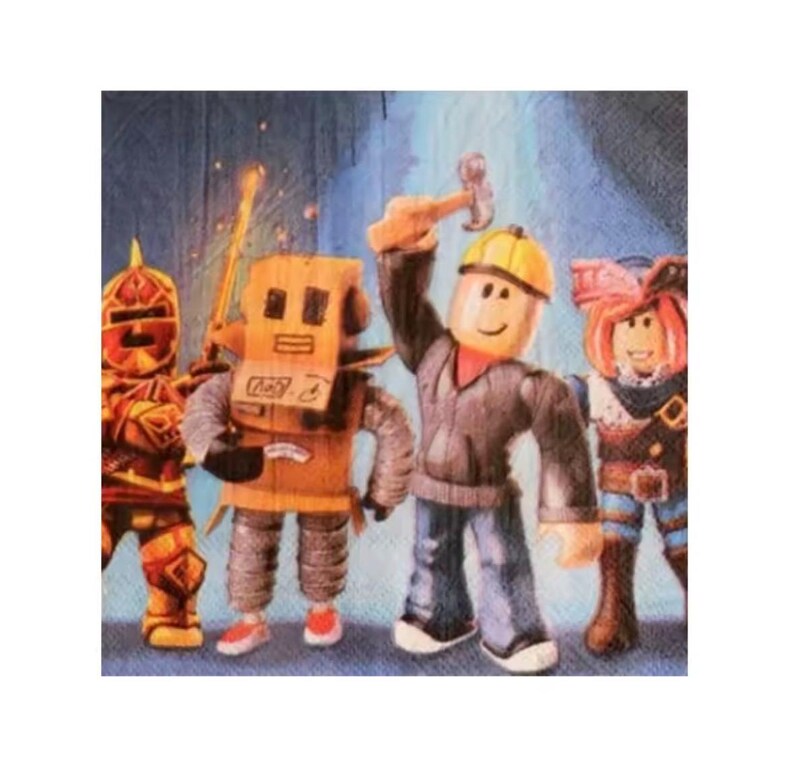 May include: A colorful illustration featuring four blocky figures. From left to right: a gold armored knight, a tan cardboard box robot, a figure in a grey hoodie and yellow hard hat holding a hammer, and a character with pink hair and blue clothing.
