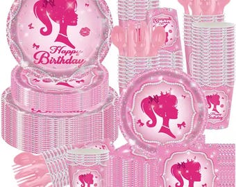 Pink Princess Birthday Party Supplies Set – Babrie Tableware Kit for Girls | Plates, Cups, Napkins & Cutlery for Birthday Celebration