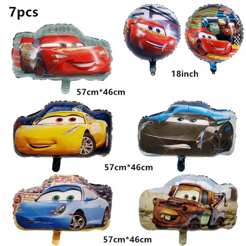 May include: A set of seven car-shaped foil balloons. The balloons feature various characters from the Cars movie franchise, including Lightning McQueen and Mater. The balloons are in various shapes and sizes, with some measuring 57cm x 46cm and others 18 inches.