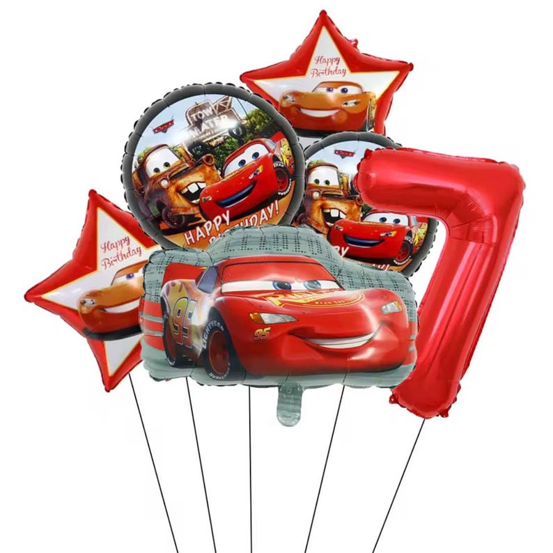 May include: A collection of foil balloons featuring characters from the movie "Cars." Includes a red number 7 balloon, star-shaped balloons with "Happy Birthday" text, and round balloons with Lightning McQueen and Mater. The balloons are on black strings.