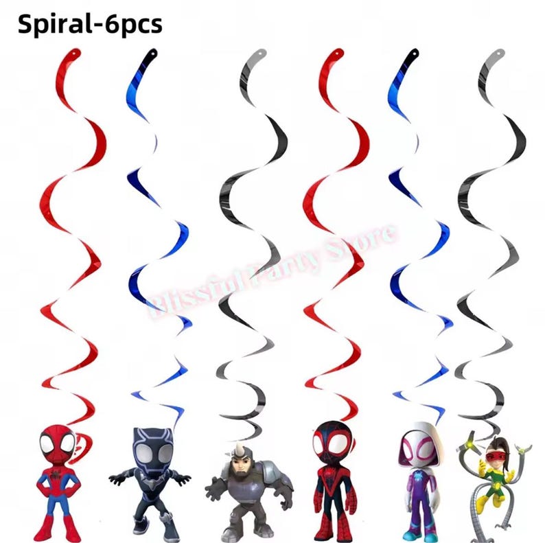 Spider-Man födelsedagsfestdekorationer set | Ballonger, banderoll, porslin, tårtdekoration och festtillbehör paket Hanging Swirls/6pcs