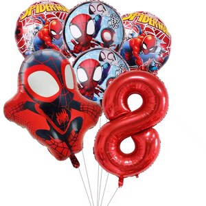 May include: A collection of foil balloons featuring Spider-Man imagery. The set includes two round balloons with Spider-Man graphics, two round balloons with the text Go Webs Go, one shaped Spider-Man balloon, and one large red number eight balloon.