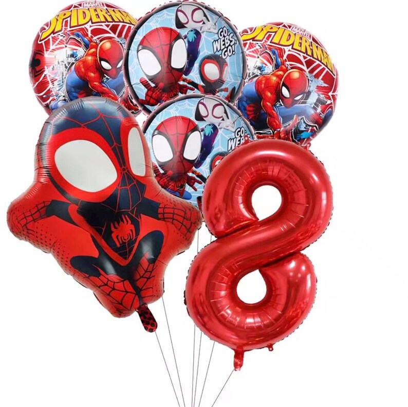 May include: A collection of foil balloons featuring Spider-Man imagery. The set includes two round balloons with Spider-Man graphics, two round balloons with the text Go Webs Go, one shaped Spider-Man balloon, and one large red number eight balloon.